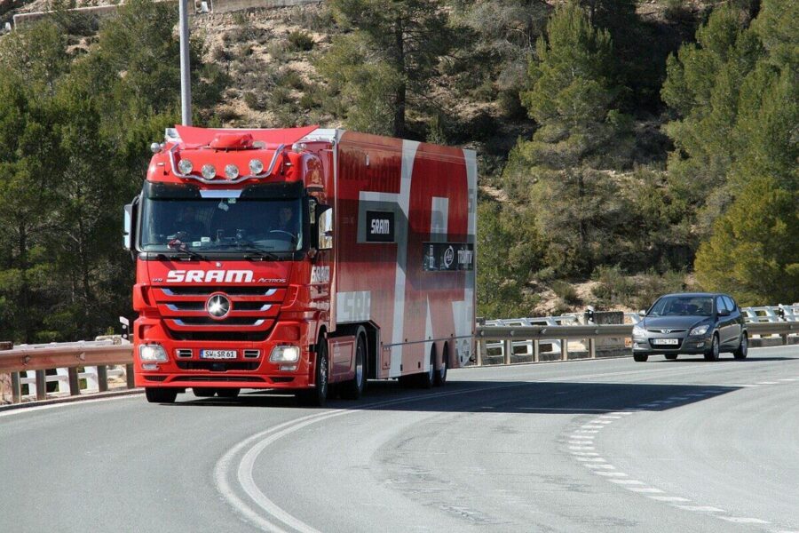 truck, dual carriageway, roar, highway, red car, mercedes, mercedes benz, transport