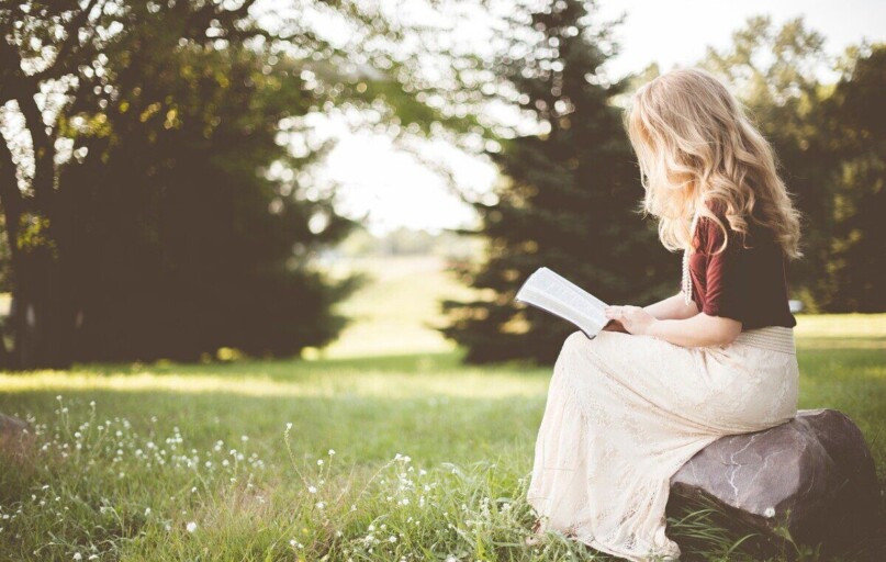 girl, book, sitting, alone, rock, reading, bible, nature, grass, park, reading girl, reader, blonde woman, young woman, female, girl, alone, reading, bible, bible, bible, bible, bible