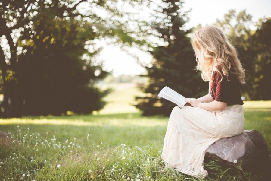 girl, book, sitting, alone, rock, reading, bible, nature, grass, park, reading girl, reader, blonde woman, young woman, female, girl, alone, reading, bible, bible, bible, bible, bible