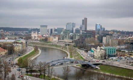 vilnius, nature, lithuania, city, modern, bridge, river, building, skyscrapers, center, offices, view from above, height, overview, dahl, sky, dullness, partly cloudy, clouds, roads, embankment