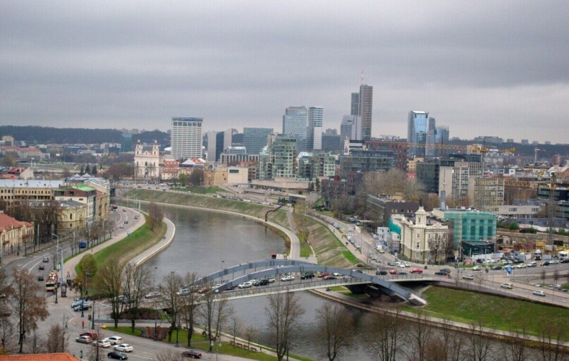 vilnius, nature, lithuania, city, modern, bridge, river, building, skyscrapers, center, offices, view from above, height, overview, dahl, sky, dullness, partly cloudy, clouds, roads, embankment
