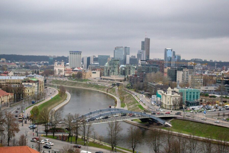 vilnius, nature, lithuania, city, modern, bridge, river, building, skyscrapers, center, offices, view from above, height, overview, dahl, sky, dullness, partly cloudy, clouds, roads, embankment