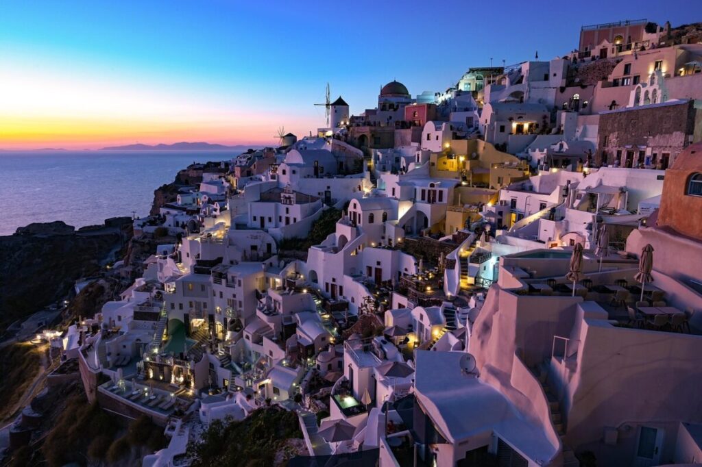 sunset, houses, nature, greece, santorini, thira, island, scenery, ocean, luxury, holiday, vacation