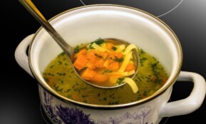 chicken broth, meal, pot, stove, healthy, cold, strengthening, herbs, parsely, home remedies, noodles, carrots, broth, powerful, close up, ladle pot, nourishment, hot, warming, macro