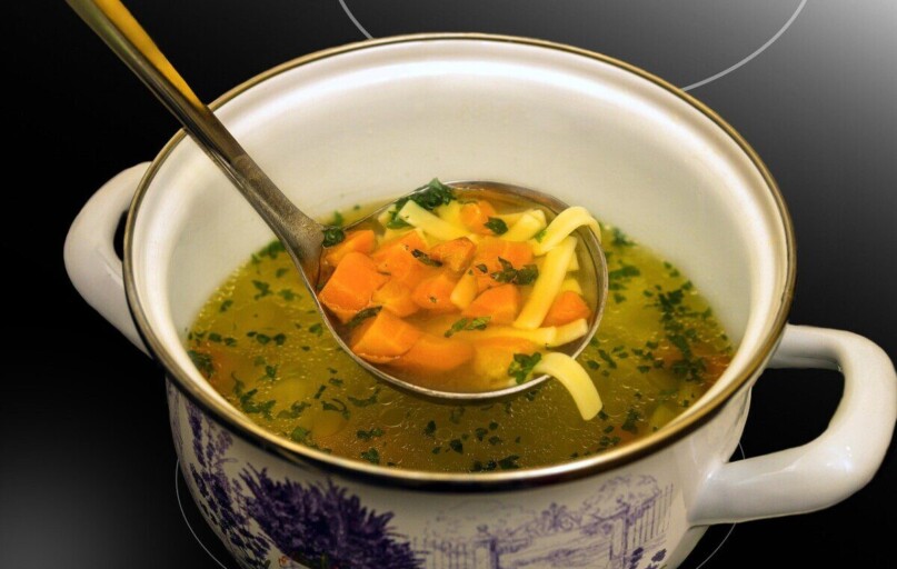 chicken broth, meal, pot, stove, healthy, cold, strengthening, herbs, parsely, home remedies, noodles, carrots, broth, powerful, close up, ladle pot, nourishment, hot, warming, macro