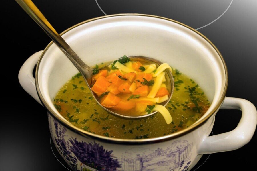 chicken broth, meal, pot, stove, healthy, cold, strengthening, herbs, parsely, home remedies, noodles, carrots, broth, powerful, close up, ladle pot, nourishment, hot, warming, macro