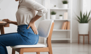 ai generated, woman, back, pain, health, therapy, sad, hurt, seat, sit, back pain