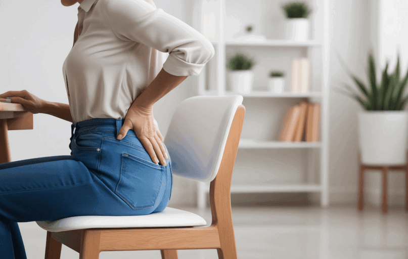 ai generated, woman, back, pain, health, therapy, sad, hurt, seat, sit, back pain