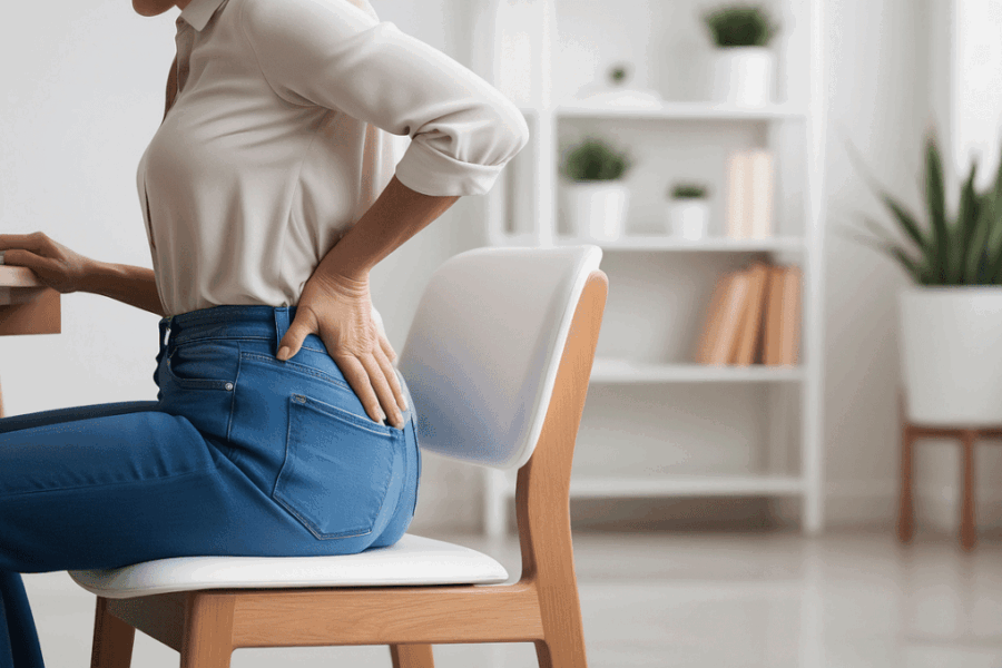 ai generated, woman, back, pain, health, therapy, sad, hurt, seat, sit, back pain