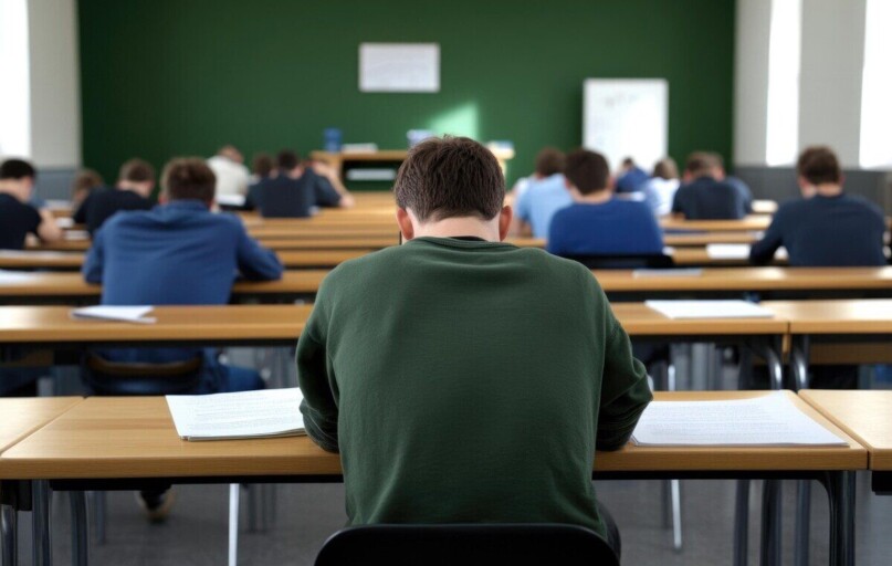 ai generated, school exam, students, classroom, exam, sitting, test, classroom exam, taking test, learning, education, writing, study, school, students writing, education scene