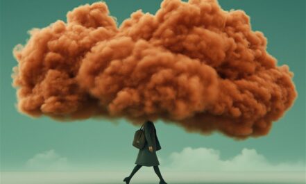 woman, walking, orange cloud, surreal, concept, moody, atmosphere, abstract, emotional, metaphor, isolated, figure, landscape, symbolic, stress, overthinking, mysterious, dramatic, artistic, dreamlike, solitude, fashion, dark tones, imaginative