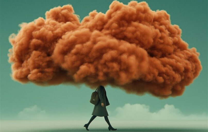 woman, walking, orange cloud, surreal, concept, moody, atmosphere, abstract, emotional, metaphor, isolated, figure, landscape, symbolic, stress, overthinking, mysterious, dramatic, artistic, dreamlike, solitude, fashion, dark tones, imaginative