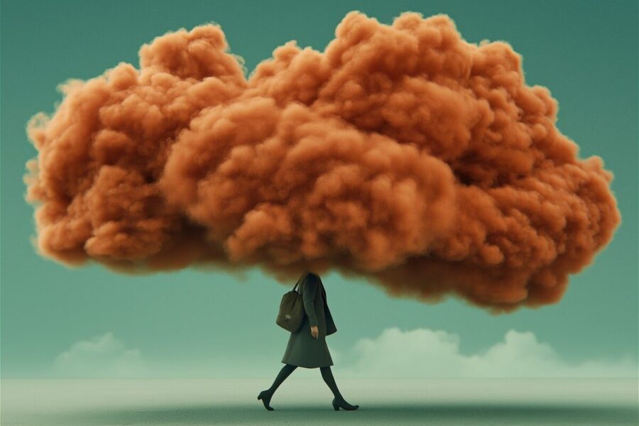 woman, walking, orange cloud, surreal, concept, moody, atmosphere, abstract, emotional, metaphor, isolated, figure, landscape, symbolic, stress, overthinking, mysterious, dramatic, artistic, dreamlike, solitude, fashion, dark tones, imaginative