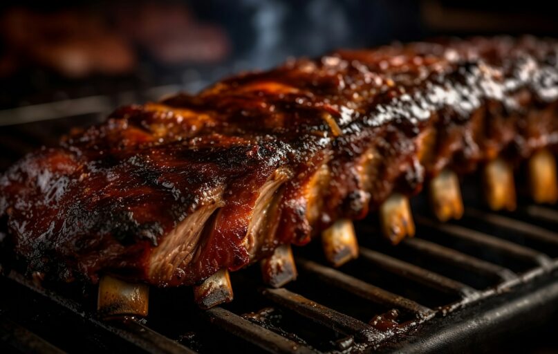 a rack of ribs cooking on a grill