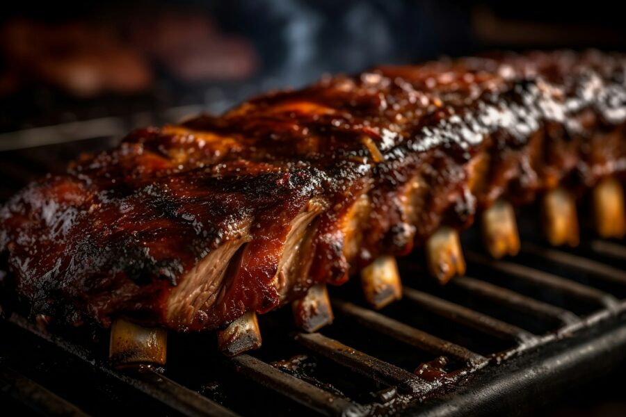 a rack of ribs cooking on a grill
