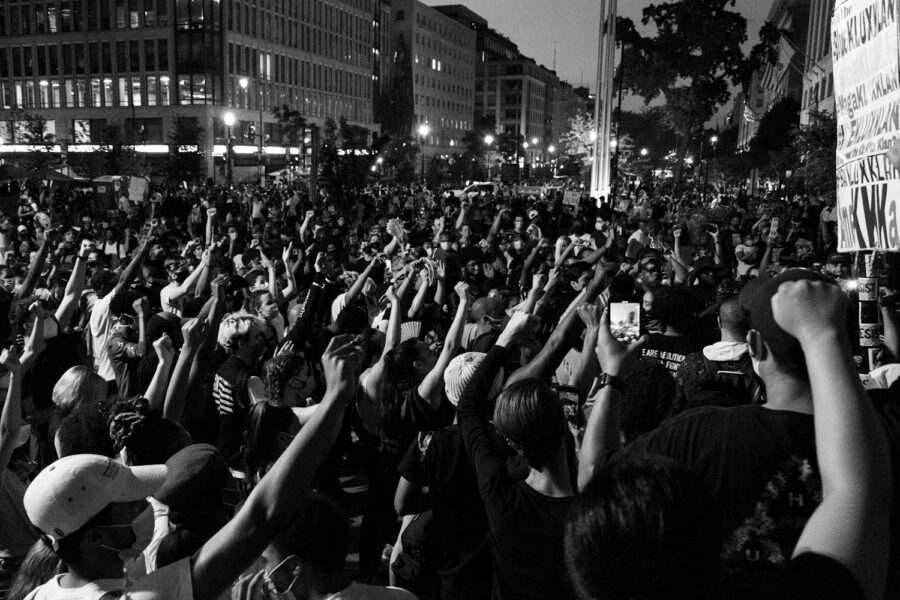 grayscale photo of people on street