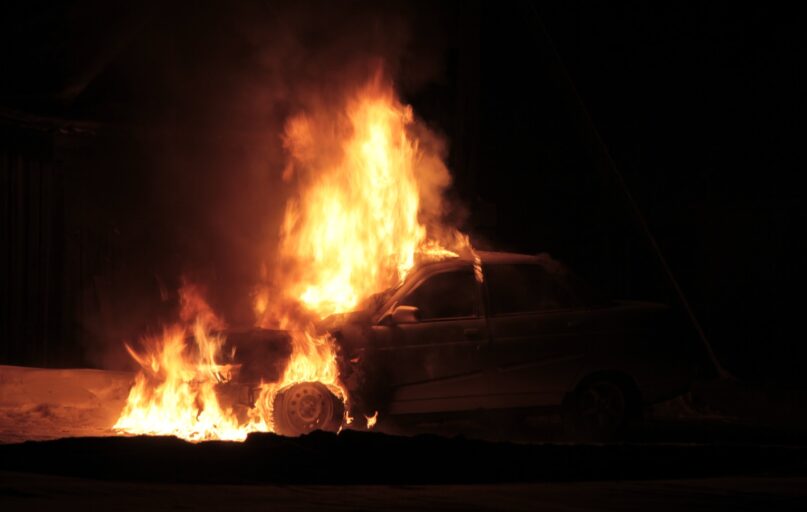 a car is on fire in the dark