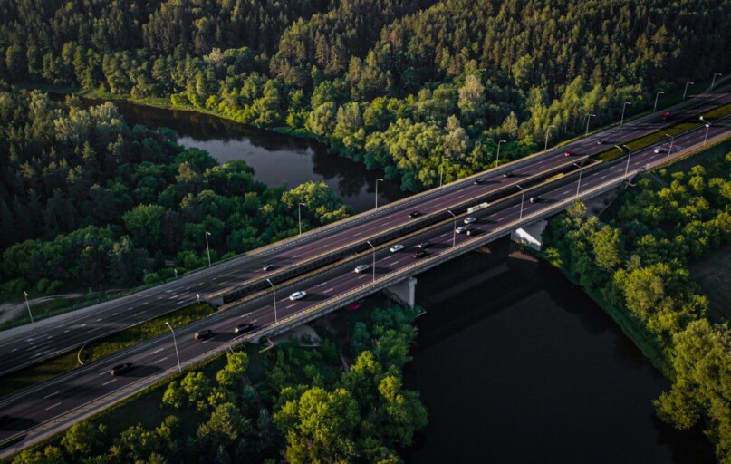 An aerial view of a bridge over a river