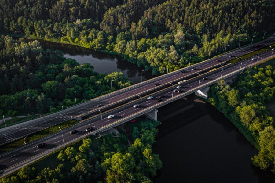 An aerial view of a bridge over a river