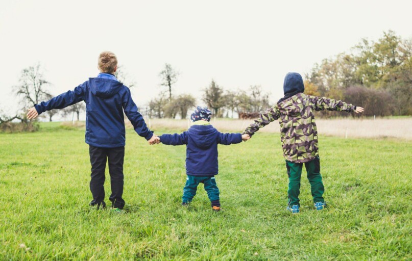 three children holding hands standing on grasses
