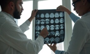 Two doctors examining a brain mri scan together.