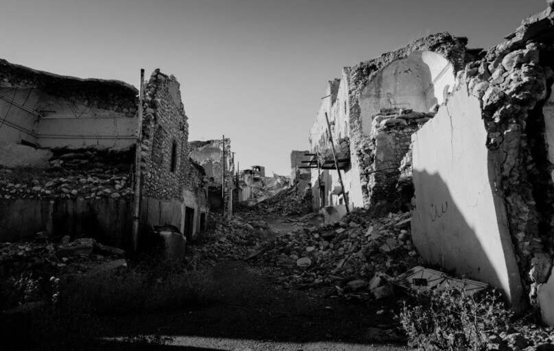 grayscale photo of concrete houses