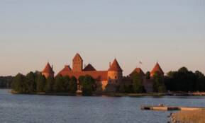 a castle sitting on top of a lake next to a forest