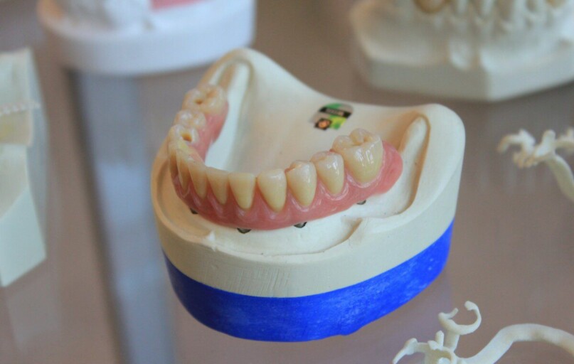 dentures on white scale rack