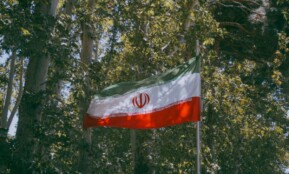 Iranian flag waving amidst green trees