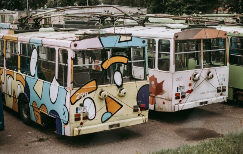 white and blue volkswagen t-2