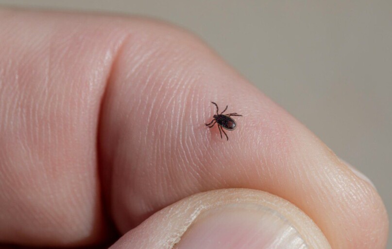a small black insect sitting on top of a persons finger