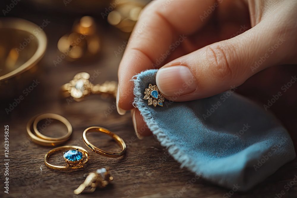 Woman cleaning gold jewelry with cloth, antique shop setting