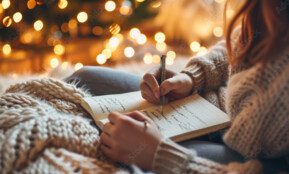 Woman writing New Year’s resolutions in cozy winter atmosphere