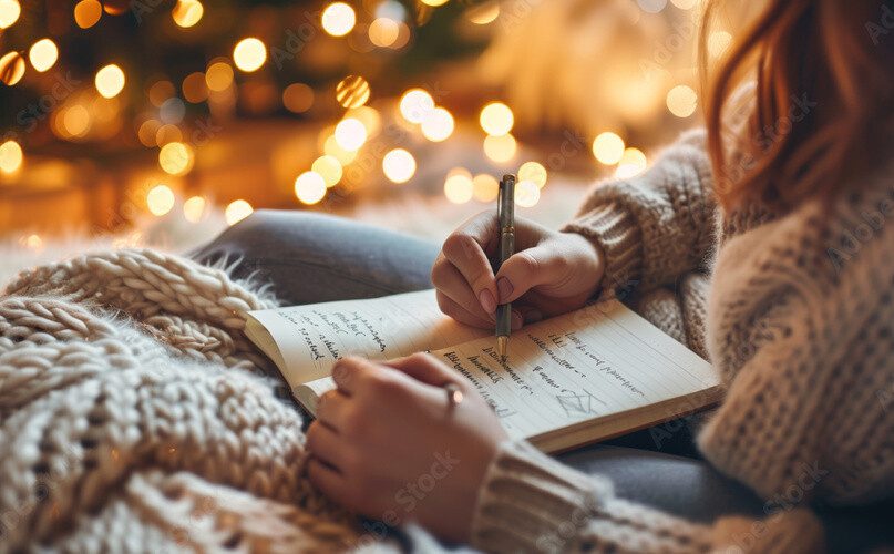 Woman writing New Year’s resolutions in cozy winter atmosphere
