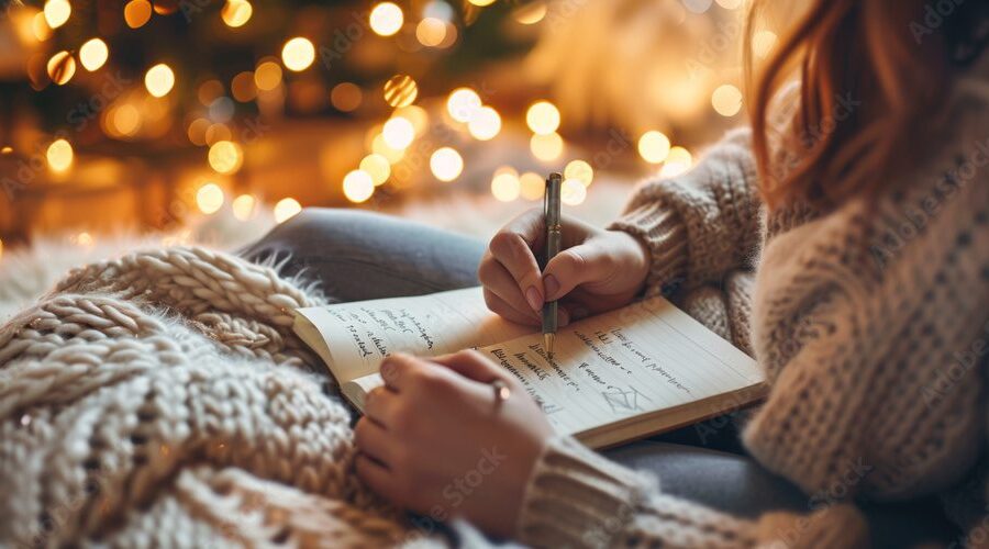 Woman writing New Year’s resolutions in cozy winter atmosphere