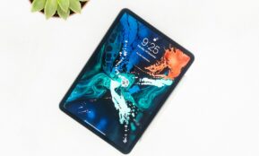 black and blue floral tablet computer