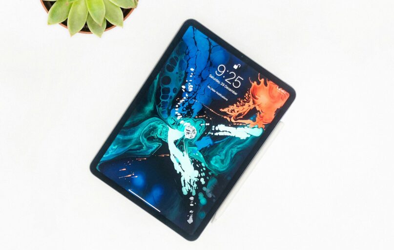 black and blue floral tablet computer