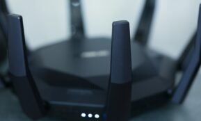A close-up of a wireless router.