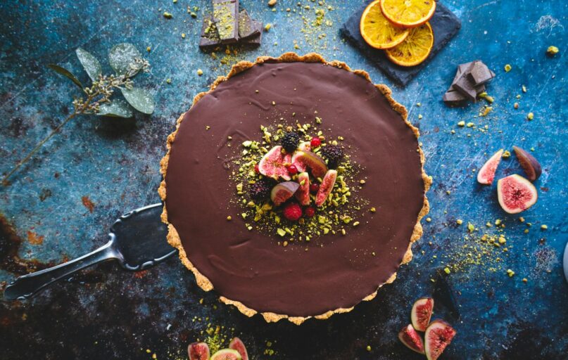 chocolate cake with sliced lemon on top