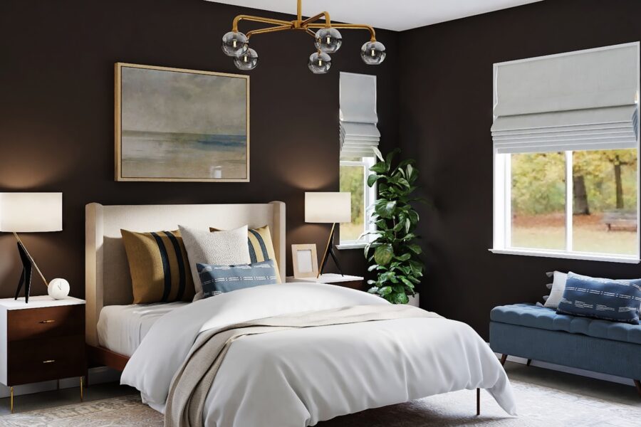 white bed linen and blue chairs