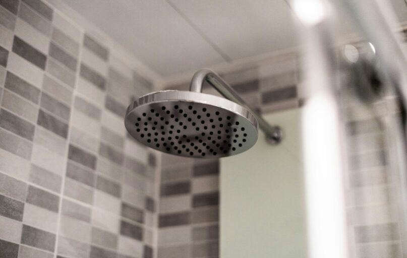 grey stainless steel shower head