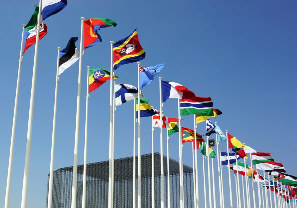 a bunch of flags that are flying in the air