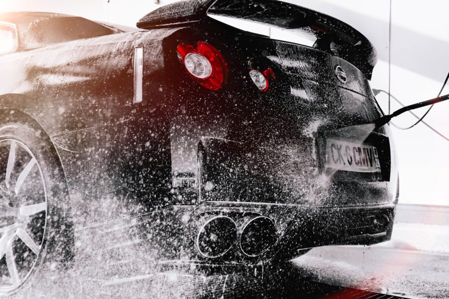 grayscale photo of black car
