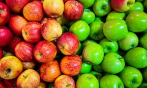 green and red apples on white plastic container