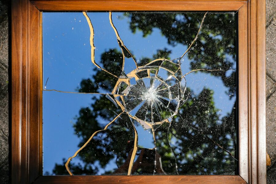 a window with a tree outside