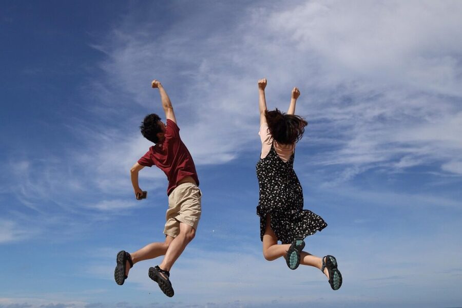 jump, sky, man, clouds, height, girl, woman, happiness, joy, happy, nature, blue sky