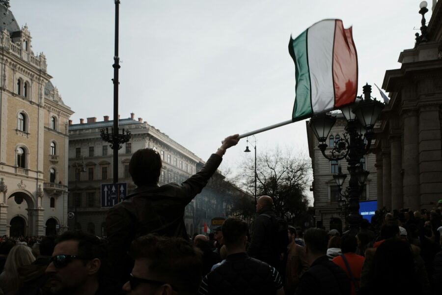a man holding a flag in the middle of a crowd