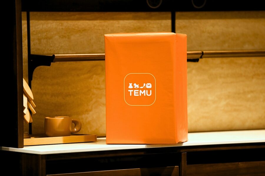 Orange box with temu logo on shelf